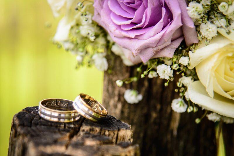 close up photography of wedding rings near purple rose